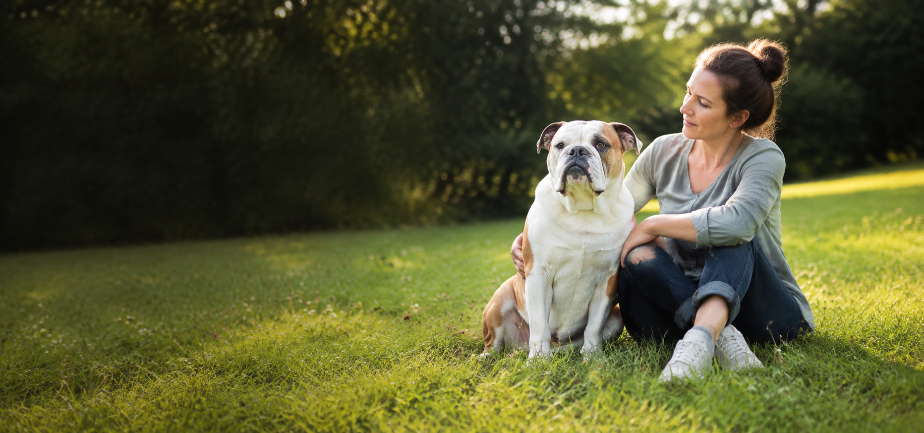 Hund mit Bezugsperson auf einer Wiese